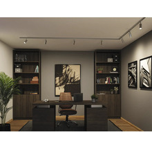 Modernes Arbeitszimmer mit Schreibtisch aus Holz, Ledersessel und Regalen. Schienensystem aus Metall in L-Form mit Strahlern an der Decke.