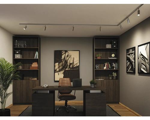 Modernes Arbeitszimmer mit Schreibtisch aus Holz, Ledersessel und Regalen. Schienensystem aus Metall in L-Form mit Strahlern an der Decke.