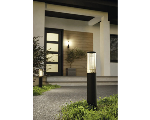 Moderne Außenleuchte als Wegeleuchte in Zylinderform aus schwarzem Metall mit geriffeltem Glas an einem Hauseingang.