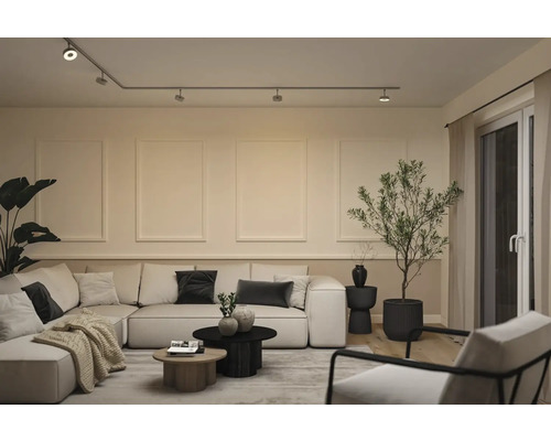 Modernes, helles Wohnzimmer mit Schienensystem-Beleuchtung, modularem Sofa, Couchtischen, Zimmerpflanzen und Wandgestaltung mit Zierleisten.