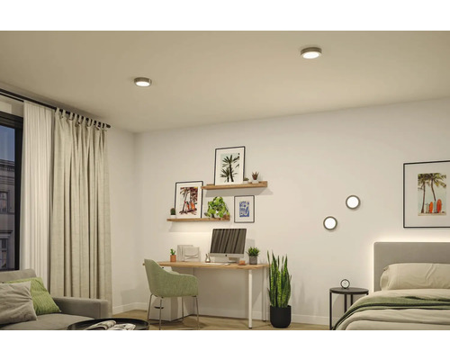 Modernes, helles Zimmer mit runden LED-Deckenstrahlern und Wandleuchten, eingerichtet mit Schreibtisch, Sofa, Bett und Zimmerpflanzen.