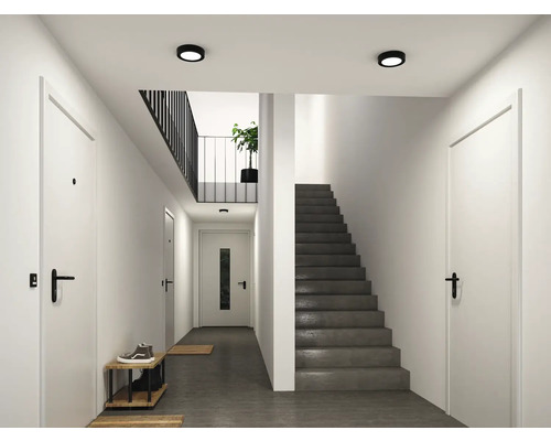 Moderner, heller Flur mit weißen Türen, schwarzen Türgriffen, einer dunklen Betontreppe und runden, schwarzen Deckenleuchten.