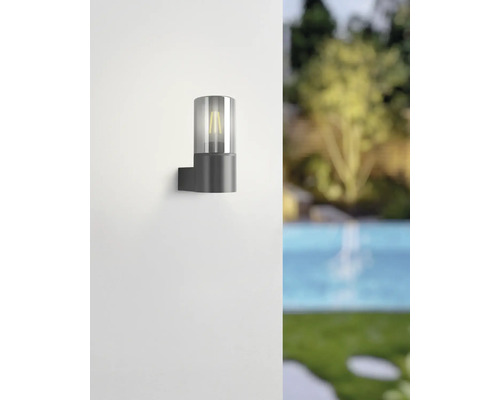 Moderne zylindrische Außenwandleuchte in Anthrazit mit Glasschirm und sichtbarem Filament-Leuchtmittel, montiert an einer hellen Wand.