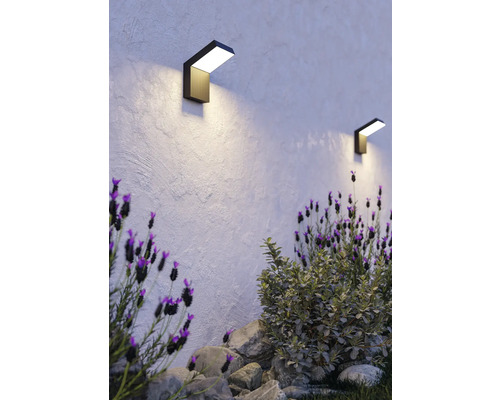 Zwei moderne schwarze Außenwandleuchten an einer strukturierten Wand über einem Garten mit Lavendel und Steinen.