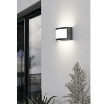 Moderne LED-Außenwandleuchte an einer weißen Wand, leuchtet nach oben und unten, neben einem Fenster und Pflanzen.