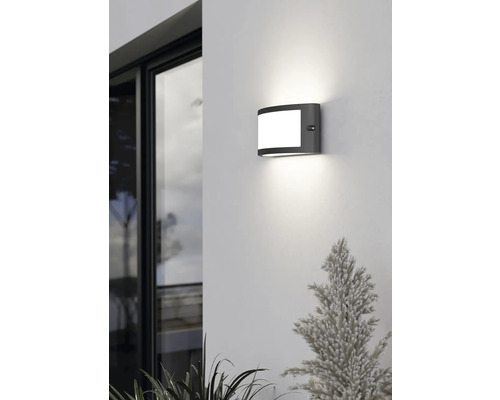 Moderne LED-Außenwandleuchte an einer weißen Wand, leuchtet nach oben und unten, neben einem Fenster und Pflanzen.