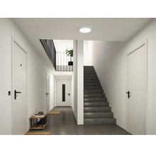 Moderner, heller Flur mit runder Deckenleuchte, grauer Treppe, weißen Türen und schwarzem Geländer.