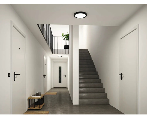 Moderner Flur mit Türen, Treppe, Schuhregal und flacher, runder Deckenleuchte.