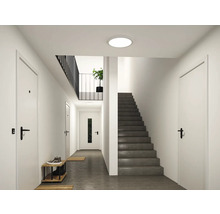 Heller, organisierter Flur mit weißen Türen, dunkelgrauer Treppe, runder Deckenleuchte und minimalistischem Schuhregal.