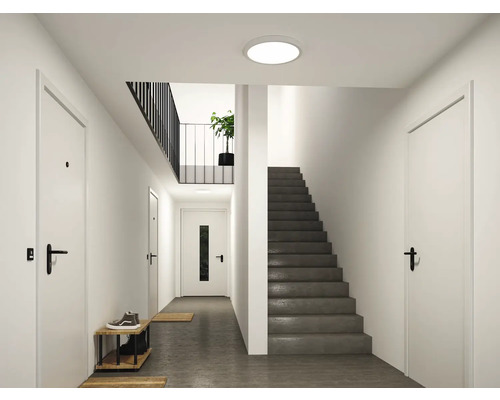 Heller, organisierter Flur mit weißen Türen, dunkelgrauer Treppe, runder Deckenleuchte und minimalistischem Schuhregal.