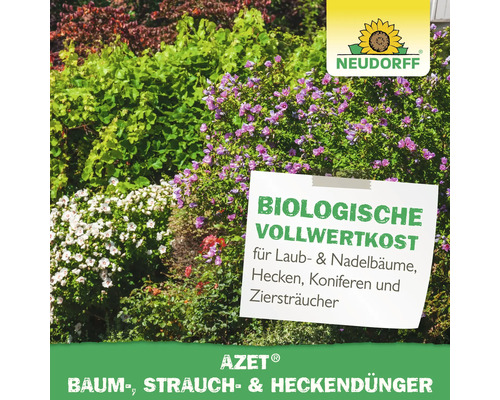 Neudorff Logo. Azet biologischer Baum-, Strauch- und Heckendünger für Laub- und Nadelbäume sowie Ziersträucher in einem blühenden Garten.