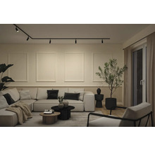 Modernes Wohnzimmer mit schwarzem Schienensystem an der Decke, heller Eckcouch, dekorativen Wandleisten und einer Zimmerpflanze.