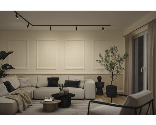 Modernes Wohnzimmer mit schwarzem Schienensystem an der Decke, heller Eckcouch, dekorativen Wandleisten und einer Zimmerpflanze.