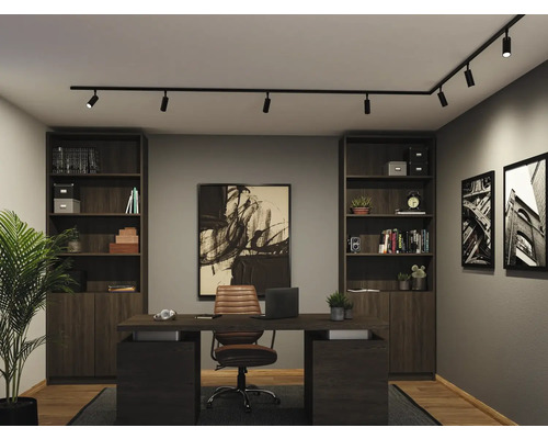 Modernes Heimbüro mit dunklem Schreibtisch, passenden Bücherregalen und einem schwarzen Schienensystem mit Strahlern an der Decke.