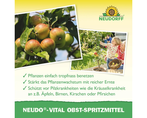 Neudorff Logo, Äpfel an einem Zweig und eine Familie bei der Ernte im Garten, Neudo-Vital Obst-Spritzmittel schützt vor Pilzkrankheiten.