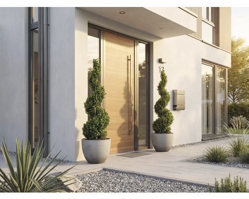 Moderner Hauseingang mit einer hellen Holz-Haustür, zwei spiralförmigen Buchsbäumen in Kübeln, einem Briefkasten und grauen Bodenplatten.