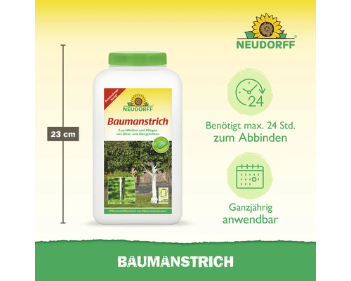 Neudorff Logo, Neudorff Baumanstrich zur Pflege von Obst- und Ziergehölzen, 23 Zentimeter hoch, maximal 24 Stunden Abbindezeit, ganzjährig anwendbar.