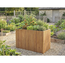 Hochbeet aus vertikalen Holzlatten mit Tomaten und Kräutern in einem hellen, organisierten Garten mit Kieswegen.