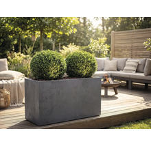 Rechteckiges graues Pflanzgefäß mit zwei kugelförmigen Buchsbäumen auf einer Holzterrasse in einem Garten-Loungebereich mit Feuerschale und Sofa.