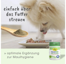 cdVet dentaVet Anti-Plaque Pulver zur Ergänzung der Maulhygiene bei Hunden, Anwendung durch Streuen über das Futter.