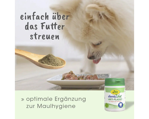 cdVet dentaVet Anti-Plaque Pulver zur Ergänzung der Maulhygiene bei Hunden, Anwendung durch Streuen über das Futter.