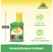 Neudorff Logo, Schachtelhalm Extrakt Flasche, 17,5 Zentimeter hoch, ergibt 62 Liter Gießwasser, anwendbar von März bis September.