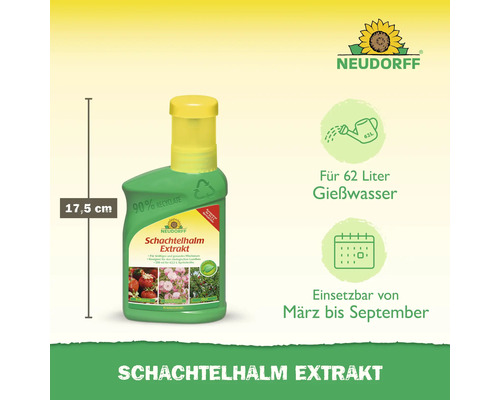Neudorff Logo, Schachtelhalm Extrakt Flasche, 17,5 Zentimeter hoch, ergibt 62 Liter Gießwasser, anwendbar von März bis September.