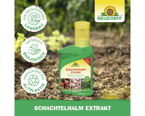 Neudorff Schachtelhalm Extrakt in grüner Flasche aus 90 Prozent Recyclat, geeignet für ökologischen Landbau und natürlich biologisch. Neudorff Logo.