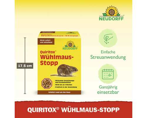Neudorff Quiritox Wühlmaus-Stopp, 17,5 Zentimeter hoch. Einfache Streuanwendung und ganzjährig einsetzbar zum Schutz rund um das Haus.
