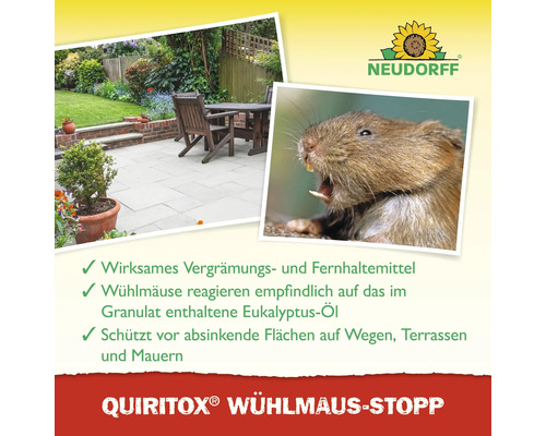 Neudorff Logo, Quiritox Wühlmaus-Stopp Infografik mit Garten, Wühlmaus und Hinweisen zum Schutz von Wegen und Terrassen durch Eukalyptusöl.