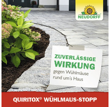 Quiritox Wühlmaus-Stopp von Neudorff gegen Wühlmäuse im Gartenbeet und an gepflasterten Flächen rund um das Haus. Neudorff Logo.