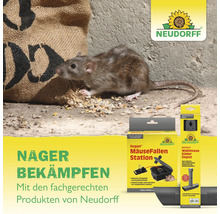 Neudorff Produkte zur Nagerbekämpfung mit Ratte neben Jutesack, Mäusefallenstation, Wühlmausköderdepot und Neudorff Logo in heller Umgebung.