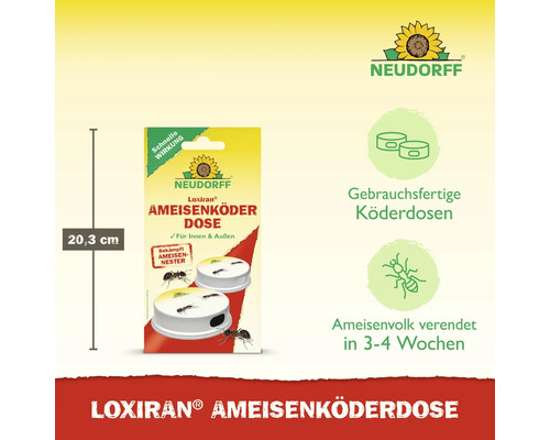 Neudorff Loxiran Ameisenköderdose für innen und außen, Packungshöhe 20,3 Zentimeter. Gebrauchsfertige Köder zur Bekämpfung von Ameisennestern.