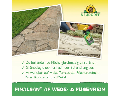 Neudorff Logo. Finalsan AF Wege- und Fugenrein entfernt Grünbelag auf Pflastersteinen, Holz, Terracotta, Glas, Kunststoff und Metall.