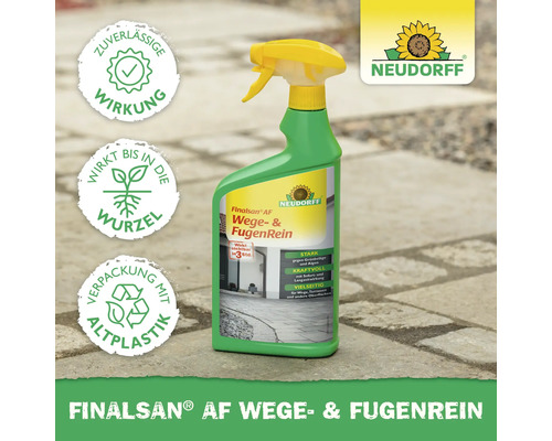 Neudorff Finalsan AF Wege- und Fugenreiniger Sprühflasche auf Steinplatten mit Symbolen für zuverlässige Wirkung und Recycling. Neudorff Logo.