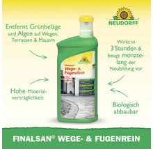 Neudorff Finalsan Wege- und Fugenreiniger entfernt Grünbelag und Algen, wirkt in drei Stunden, biologisch abbaubar. Neudorff Logo.