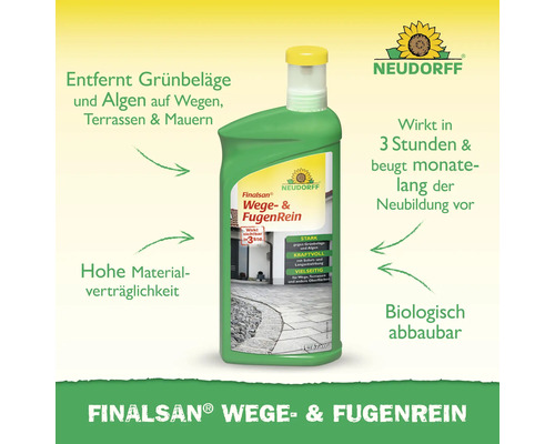 Neudorff Finalsan Wege- und Fugenreiniger entfernt Grünbelag und Algen, wirkt in drei Stunden, biologisch abbaubar. Neudorff Logo.