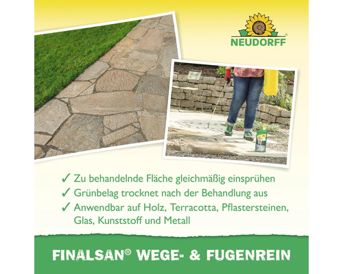 Reinigung von Pflastersteinen mit Finalsan Wege- und Fugenrein gegen Grünbelag, geeignet für Holz, Stein, Glas und Metall, Neudorff Logo.