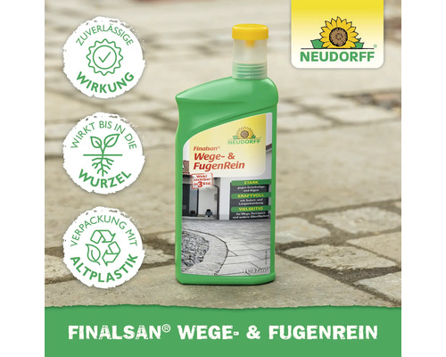 Neudorff Finalsan Wege- und FugenRein auf Pflastersteinen mit Symbolen für zuverlässige Wirkung, Wurzelwirkung, Recycling und Neudorff Logo.