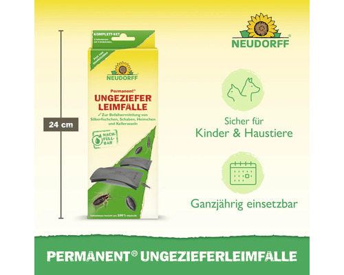 Neudorff Permanent Ungeziefer Leimfalle, 24 Zentimeter hoch, insektizidfrei, sicher für Kinder und Haustiere, ganzjährig einsetzbar, Neudorff Logo.