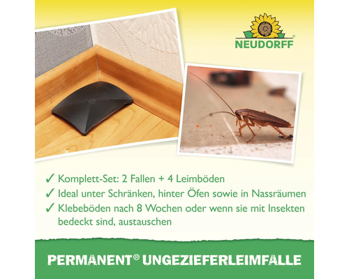 Neudorff Permanent Ungezieferleimfalle zur Bekämpfung von Kakerlaken. Abbildung einer Falle in einer Zimmerecke und einer Schabe. Neudorff Logo.