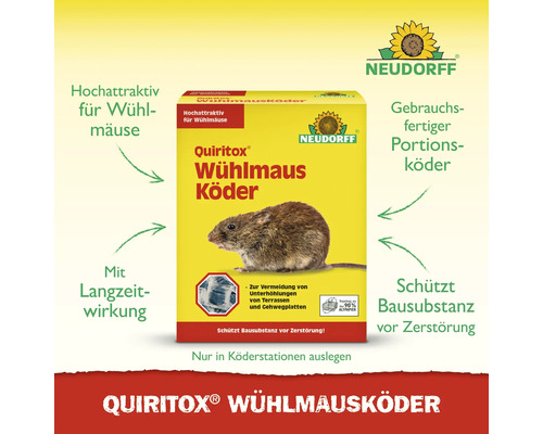 Neudorff Quiritox Wühlmaus Köder, gebrauchsfertiger Portionsköder zur Bekämpfung von Wühlmäusen unter Terrassen und Gehwegen mit Langzeitwirkung.