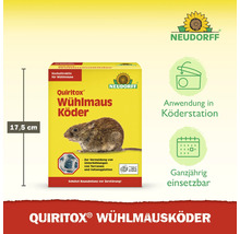 Neudorff Quiritox Wühlmausköder Packung, 17,5 Zentimeter hoch, Anwendung in Köderstation, ganzjährig einsetzbar, Neudorff Logo.