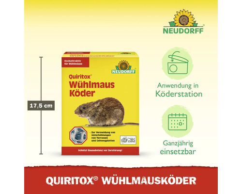 Neudorff Quiritox Wühlmausköder Packung, 17,5 Zentimeter hoch, Anwendung in Köderstation, ganzjährig einsetzbar, Neudorff Logo.