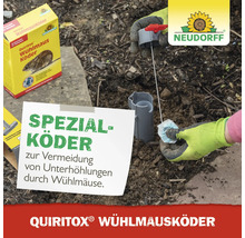 Eine Person platziert einen Quiritox Wühlmausköder in einer grauen Köderstation im Boden. Neudorff Logo.