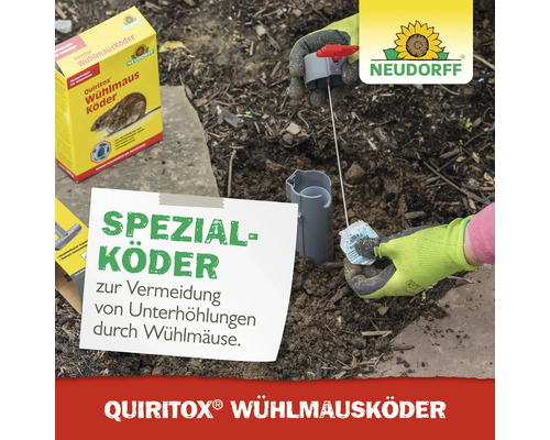 Eine Person platziert einen Quiritox Wühlmausköder in einer grauen Köderstation im Boden. Neudorff Logo.