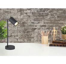 Schwarze Schreibtischlampe auf weißem Tisch vor einer Backsteinwand, neben Stiftehalter, Gliederpuppe und Büchern.