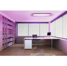 Moderner Büroraum mit Schreibtisch, Bürostuhl, Regalwand, Fenstern mit Lamellenvorhängen, Boden in Holzoptik und flacher Deckenleuchte.
