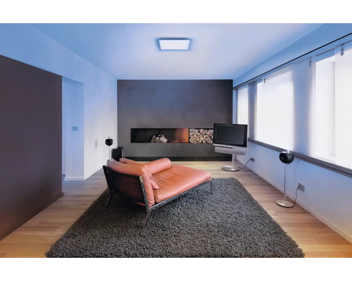 Modernes Wohnzimmer mit heller, quadratischer LED-Deckenleuchte, einer Leder-Recamiere auf grauem Hochflor-Teppich und dunkler Akzentwand.