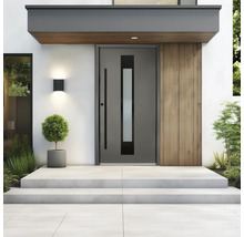 Moderne graue Haustür mit Glaseinsatz, Holzpaneel, Außenleuchte und Betontreppen im Eingangsbereich eines Hauses.